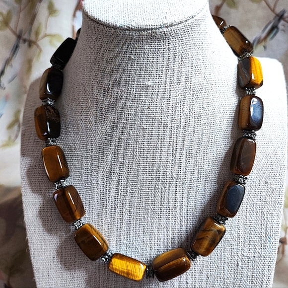 Heavy Stone Tiger's Tiger Eye Brown Carmel Cold Vintage Silver Tone Necklace - Picture 2 of 8